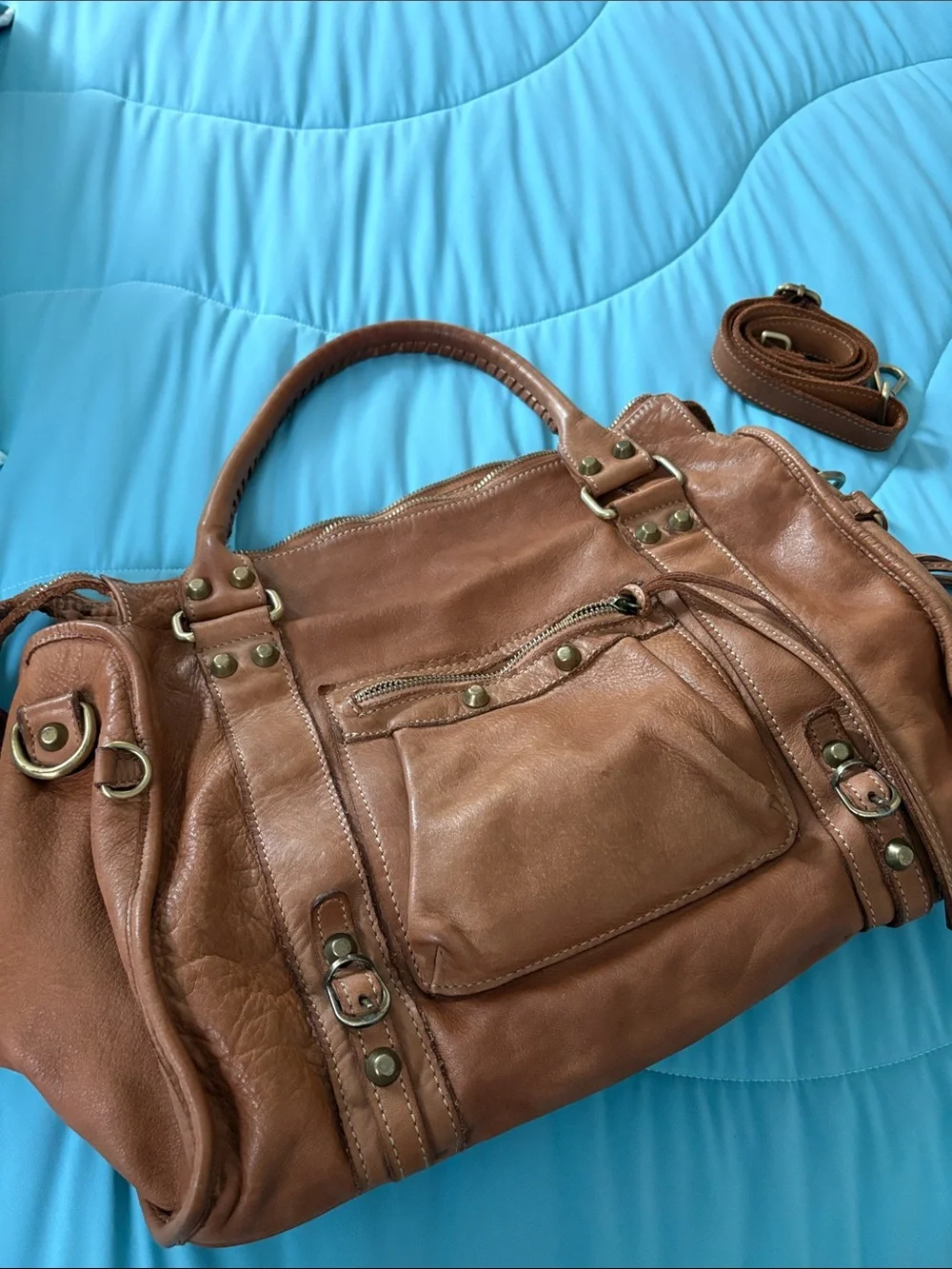 LUsher Tan Braided-Handle Italian Leather Shoulder Bag with Fringe w/Dust bag